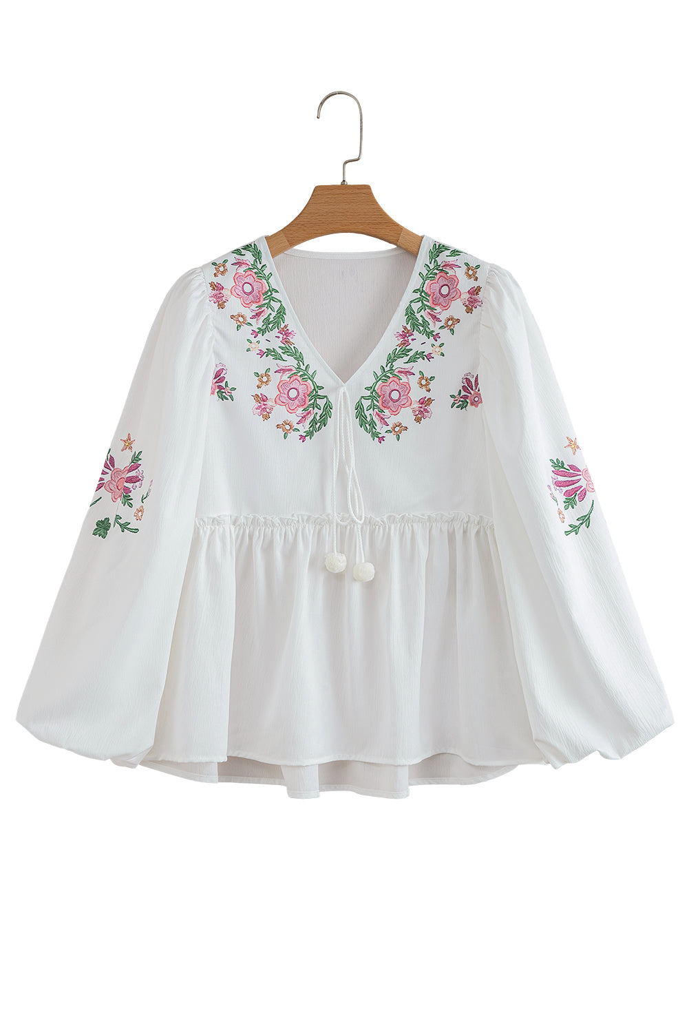 White Flower Lace-up V Neck Babydoll Blouse