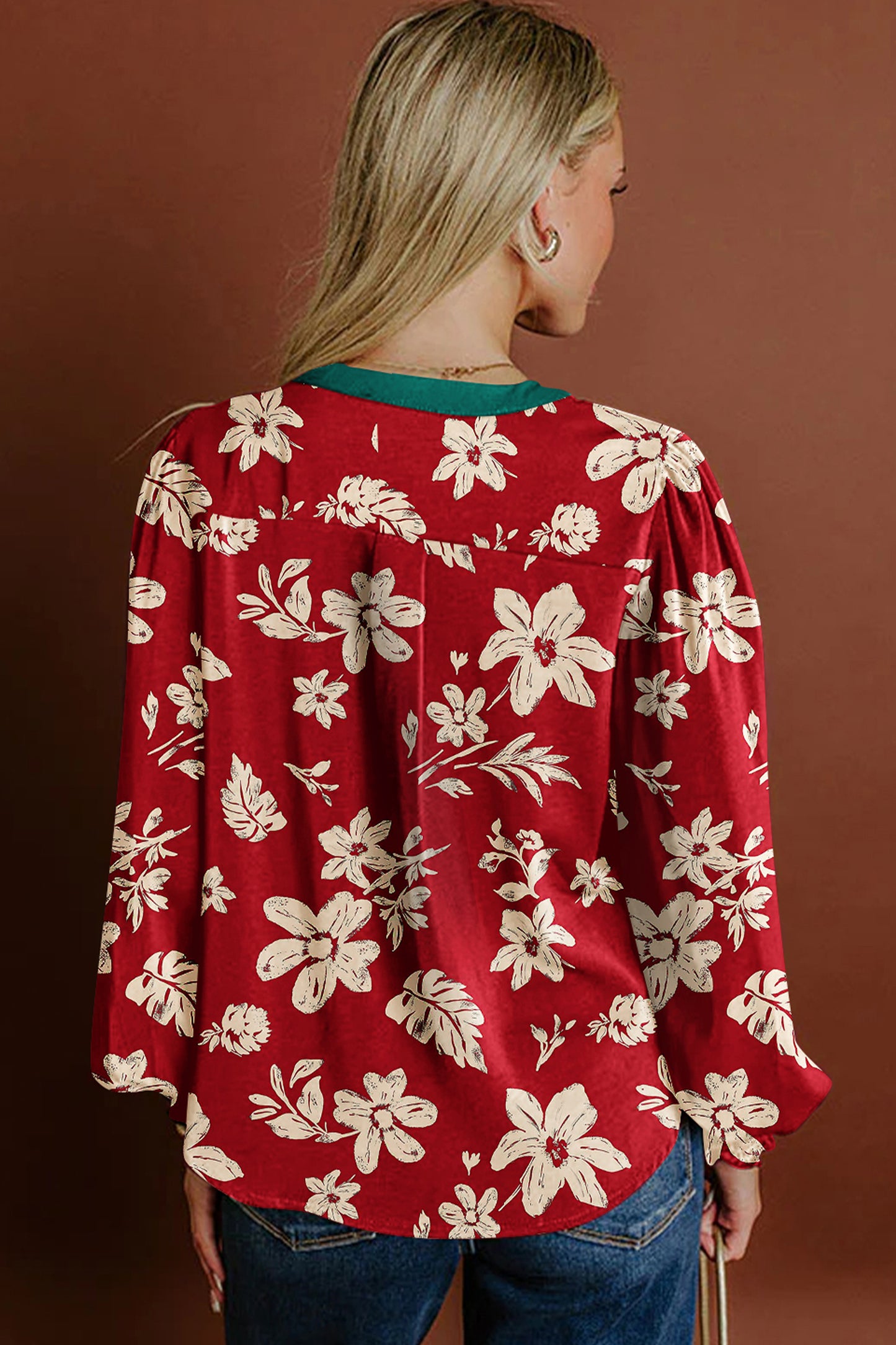 Red Contrast Tied Neck Shirred Puff Sleeve Flower Blouse