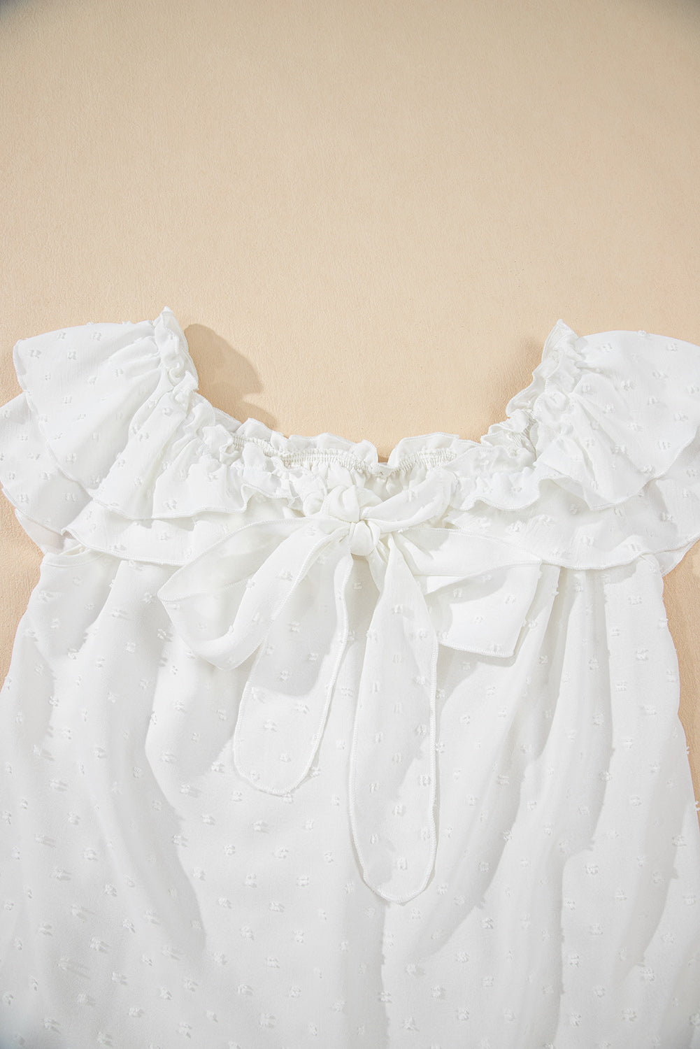 White Off Shoulder Ruffle Knotted Detail Swiss Dot Blouse