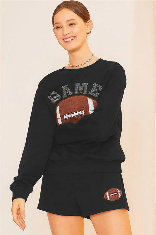 Black GAME DAY Rugby Football Graphic Pullover and Shorts Casual Outfit - Chic Meadow Boutique