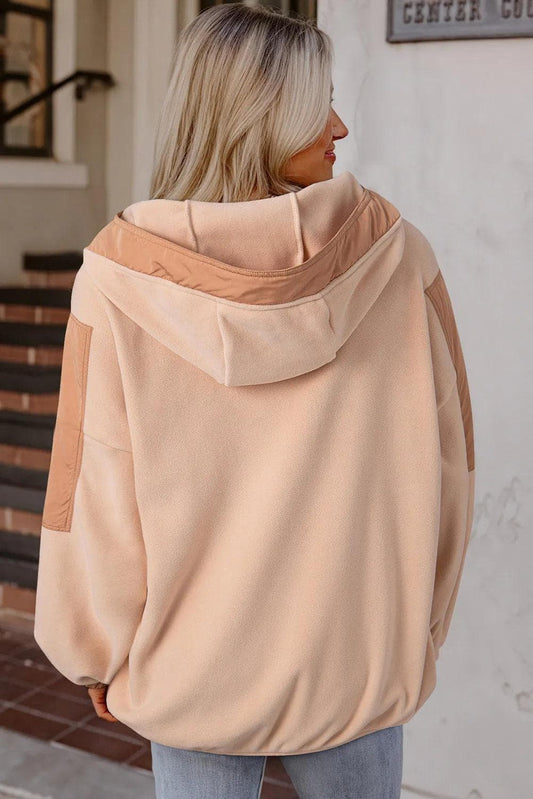 Tops/Sweatshirts & Hoodies Light French Beige Colorblock Patchwork Half Zip Oversized Sherpa Hoodie