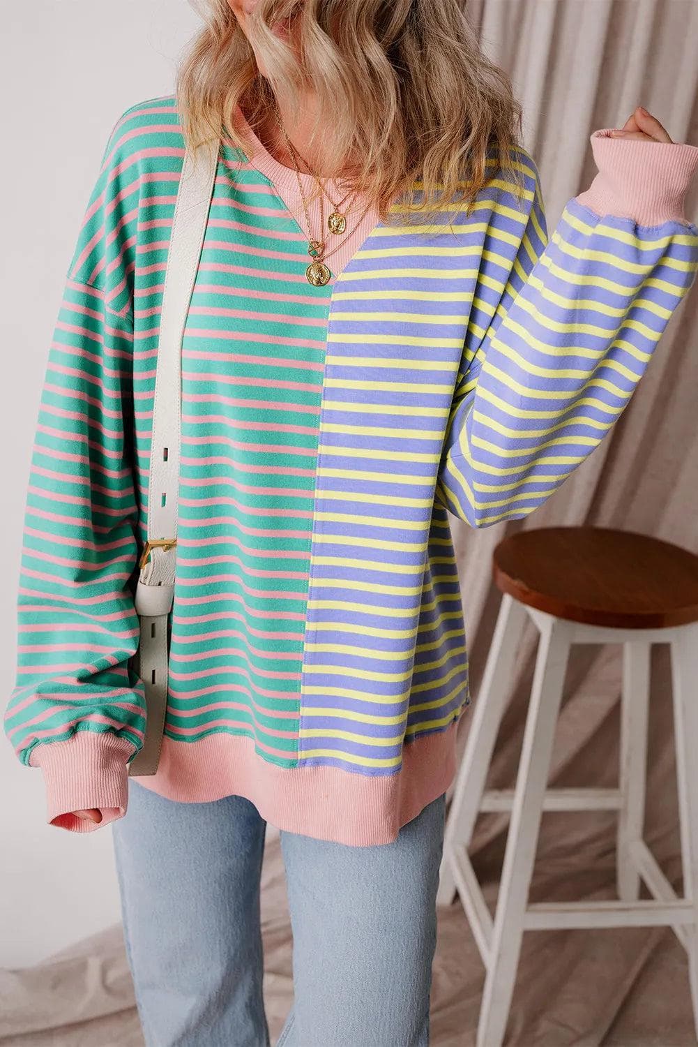 Tops/Sweatshirts & Hoodies Casual Stripe Colorblock Drop Shoulder Oversize Sweatshirt