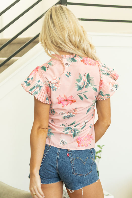 Pink Floral Print Frilled V Neck Pleated Sleeve Blouse