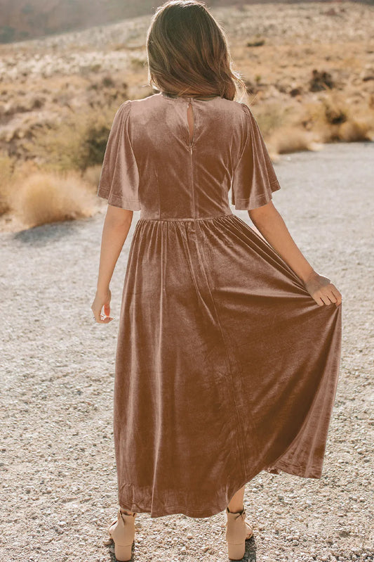 Chestnut Velvet Lacy V Neckline Short Sleeve Empire Waist Flowy Maxi Dress - Chic Meadow Boutique