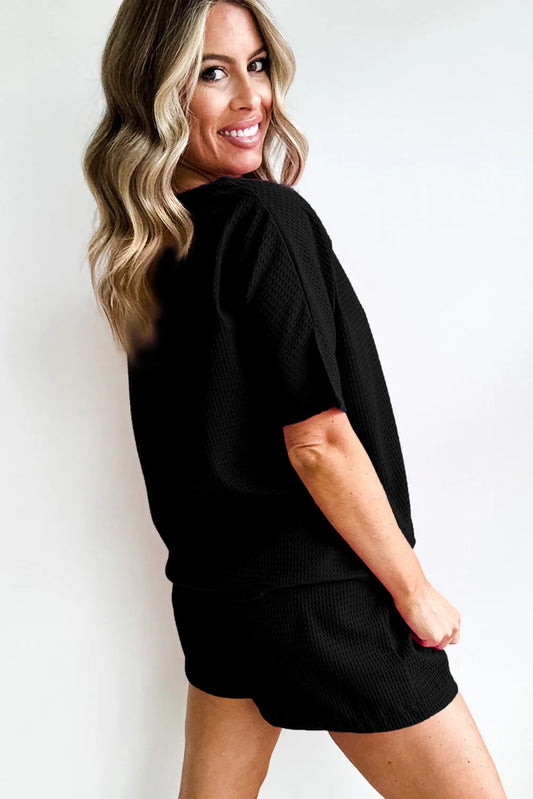 Black Casual Textured Tee and Drawstring Shorts Set - Chic Meadow Boutique