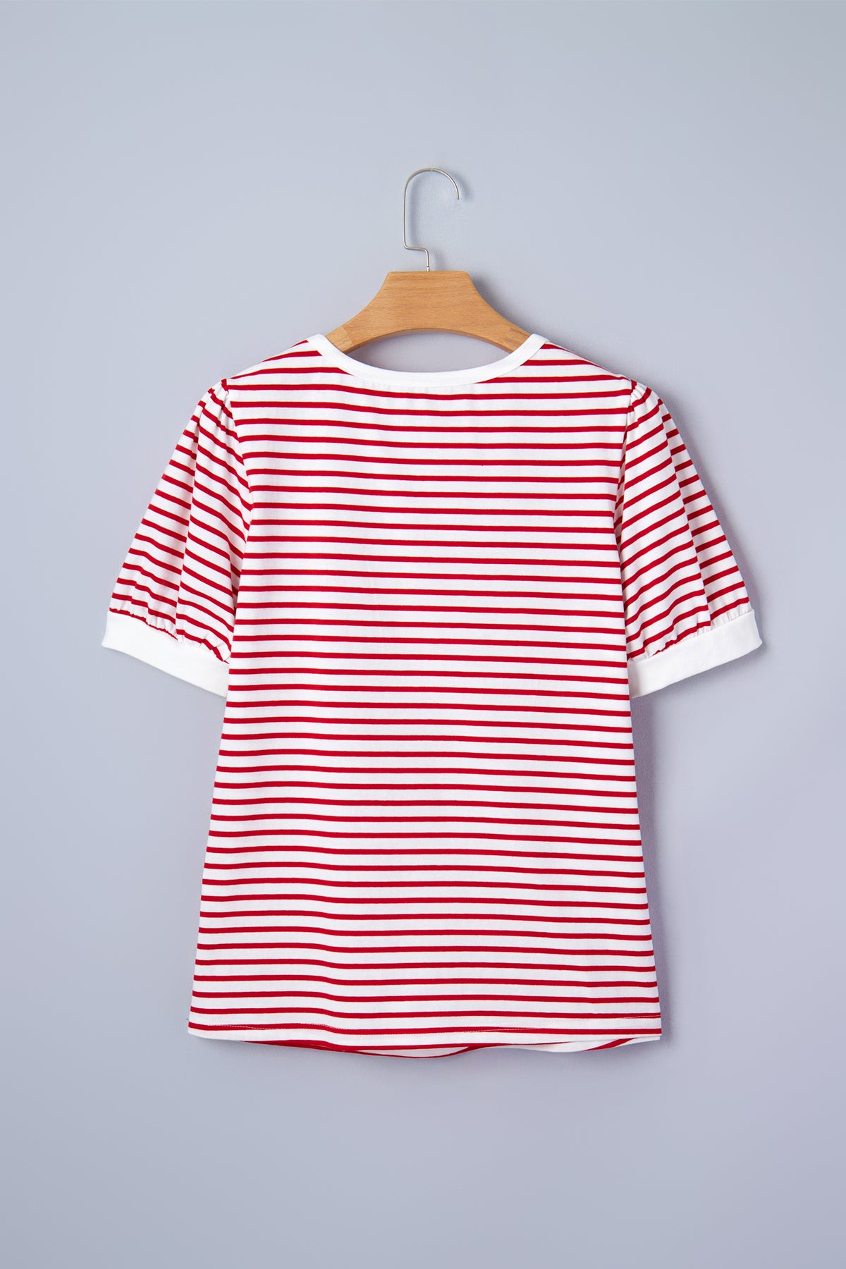 Red Stripe Contrast Trim Round Neck Short Puff Sleeve T Shirt