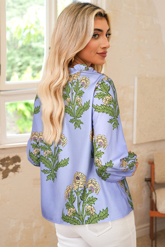 Sky Blue Floral Print Button Tie Neck Long Puff Sleeve Blouse