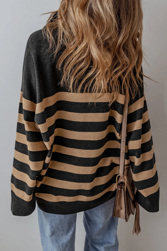 Black Stripe Collared Quarter Zipper Oversized Sweater - Chic Meadow Boutique