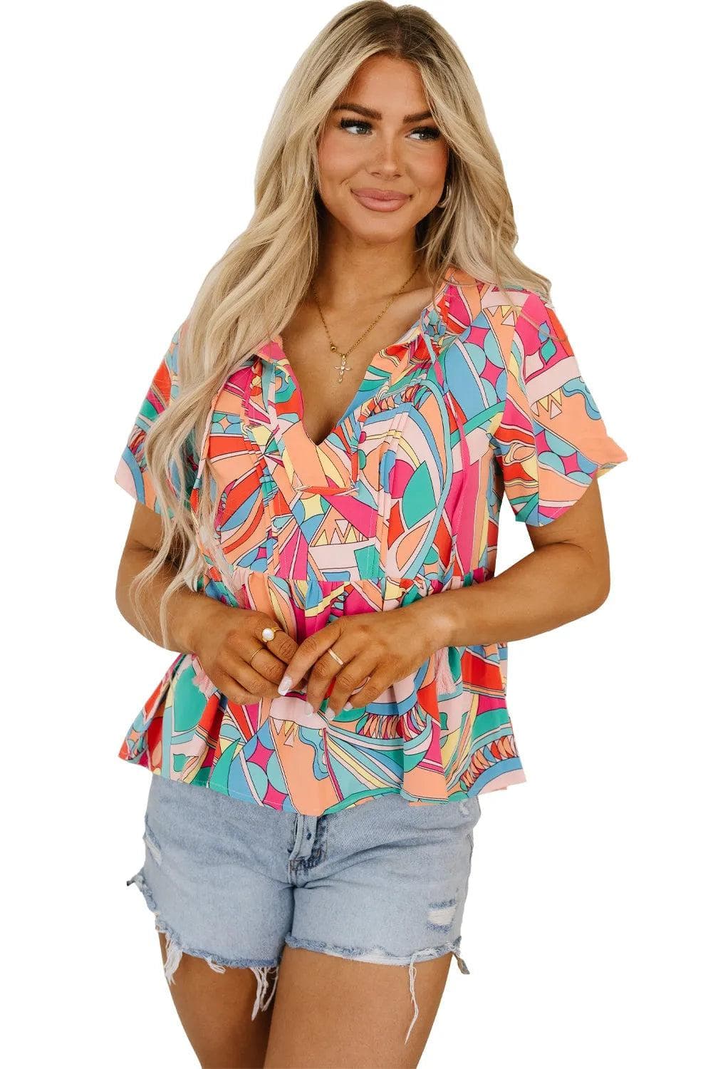 Tops/Blouses & Shirts Multicolor Boho Abstract Pattern Split V Neck Flowy Blouse