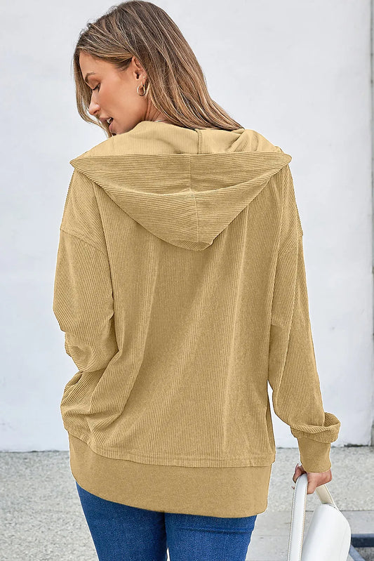 Simply Taupe Solid Ribbed Knit Buttoned Drop Shoulder Oversized Hoodie - Chic Meadow Boutique