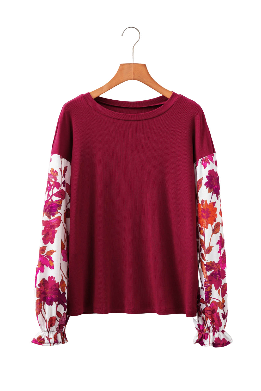 Wild Ginger Contrast Floral Sleeve Solid Ribbed Body Patchwork Long Sleeve Top