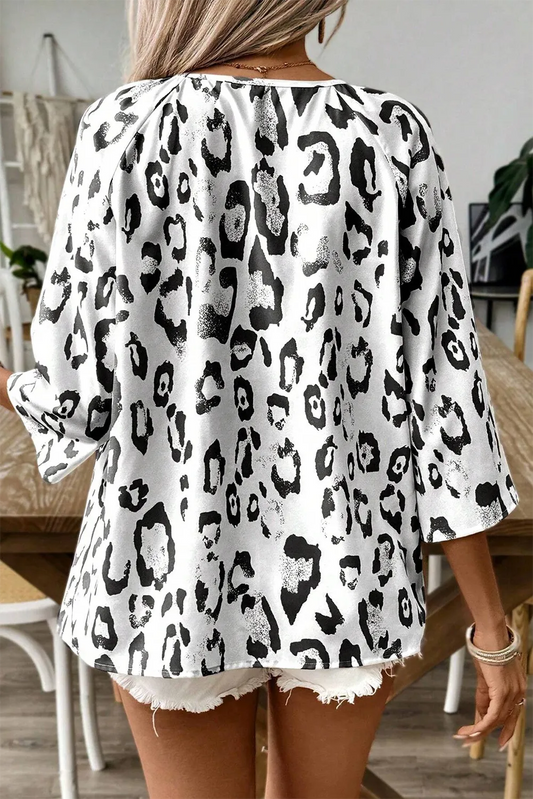 Black Leopard Print Ruched V Neck 3/4 Sleeve Blouse - Chic Meadow Boutique