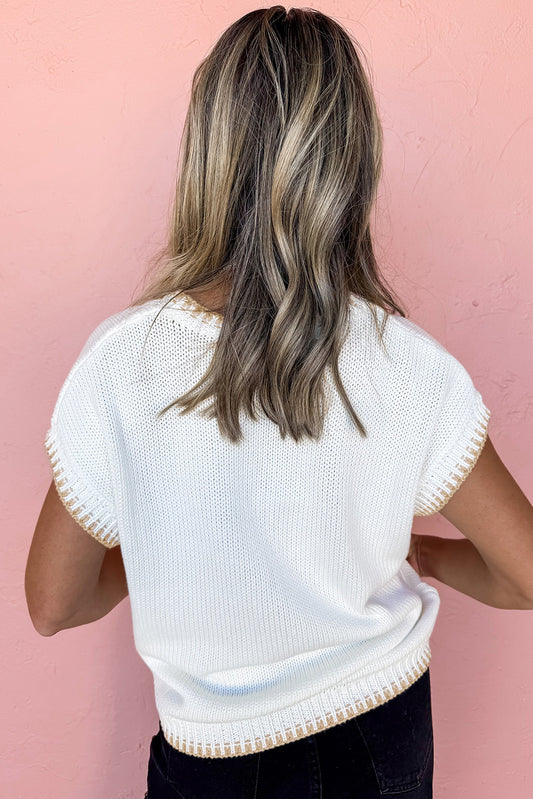 White Knitted YEEHAW Stitch Edge Crew Neck Sweater T Shirt