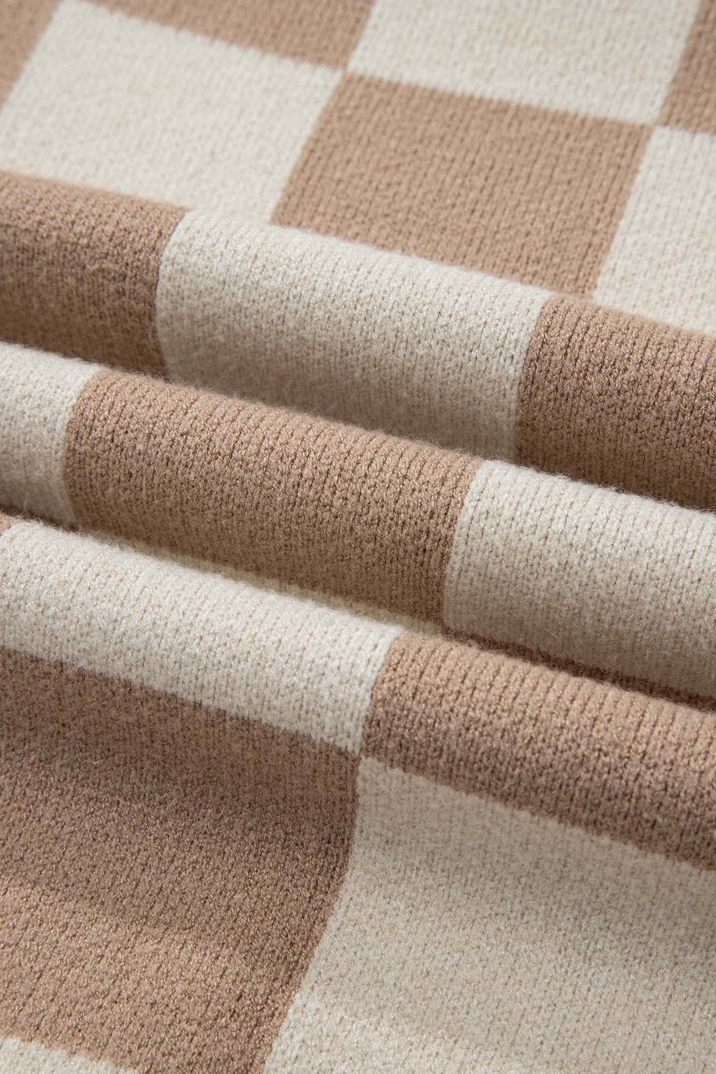 Parchment Checkered Pattern Ribbed Trim Knit Baggy Sweater