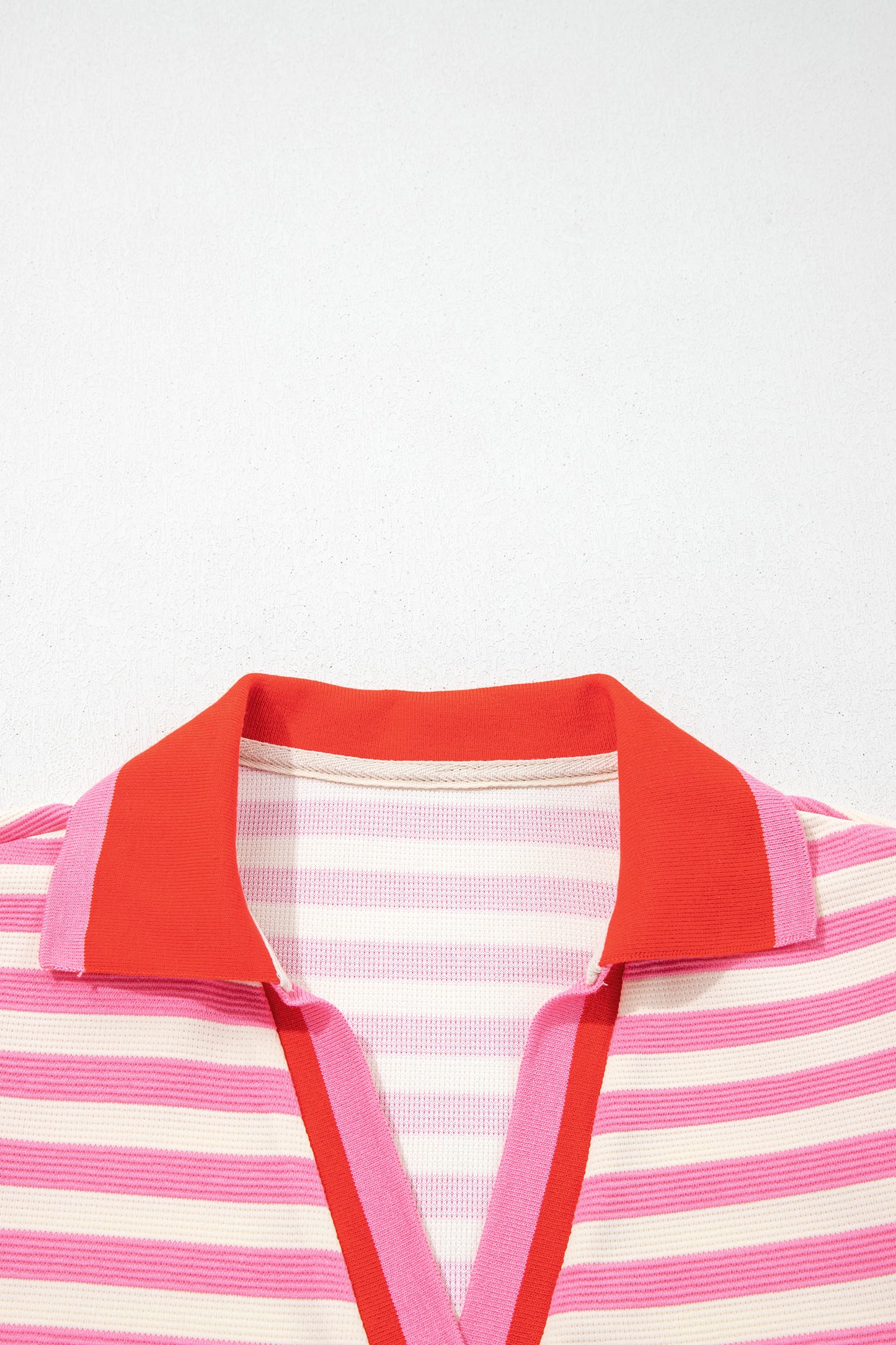 Rose Stripe Contrast Trim Polo Collar Ruffled Short Sleeve Blouse