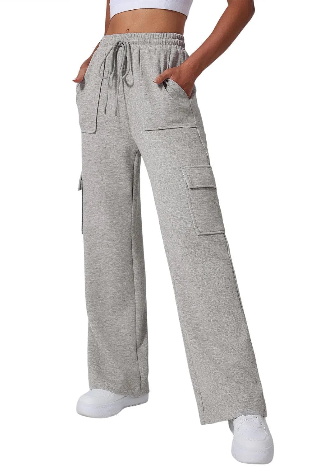 Activewear/Yoga Pants Light Grey Multi Pockets Lace-up High Waist Wide Leg Workout Pants
