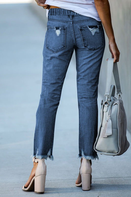 Dark Blue Elastic Waist Straight Leg Destroyed Raw Hem Jeans