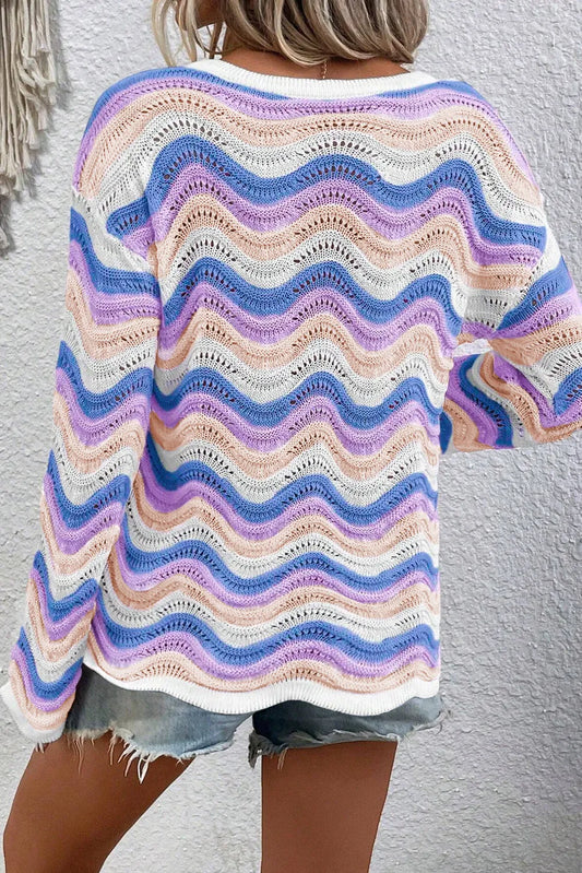 Purple Stripe Wavy Pointelle Knit Drop Shoulder Sweater - Chic Meadow Boutique