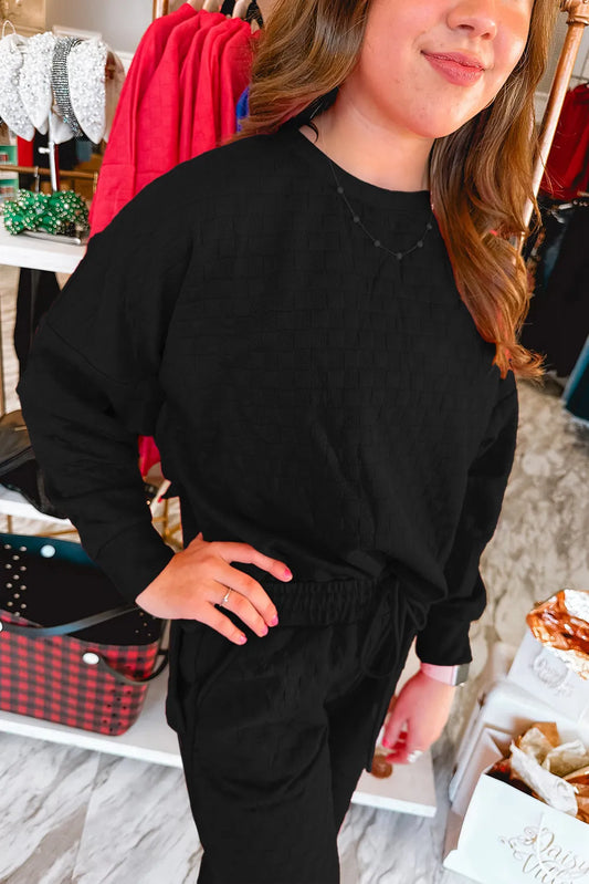 Color black Checkered Textured Split Pullover Top and Pants Set - Chic Meadow Boutique
