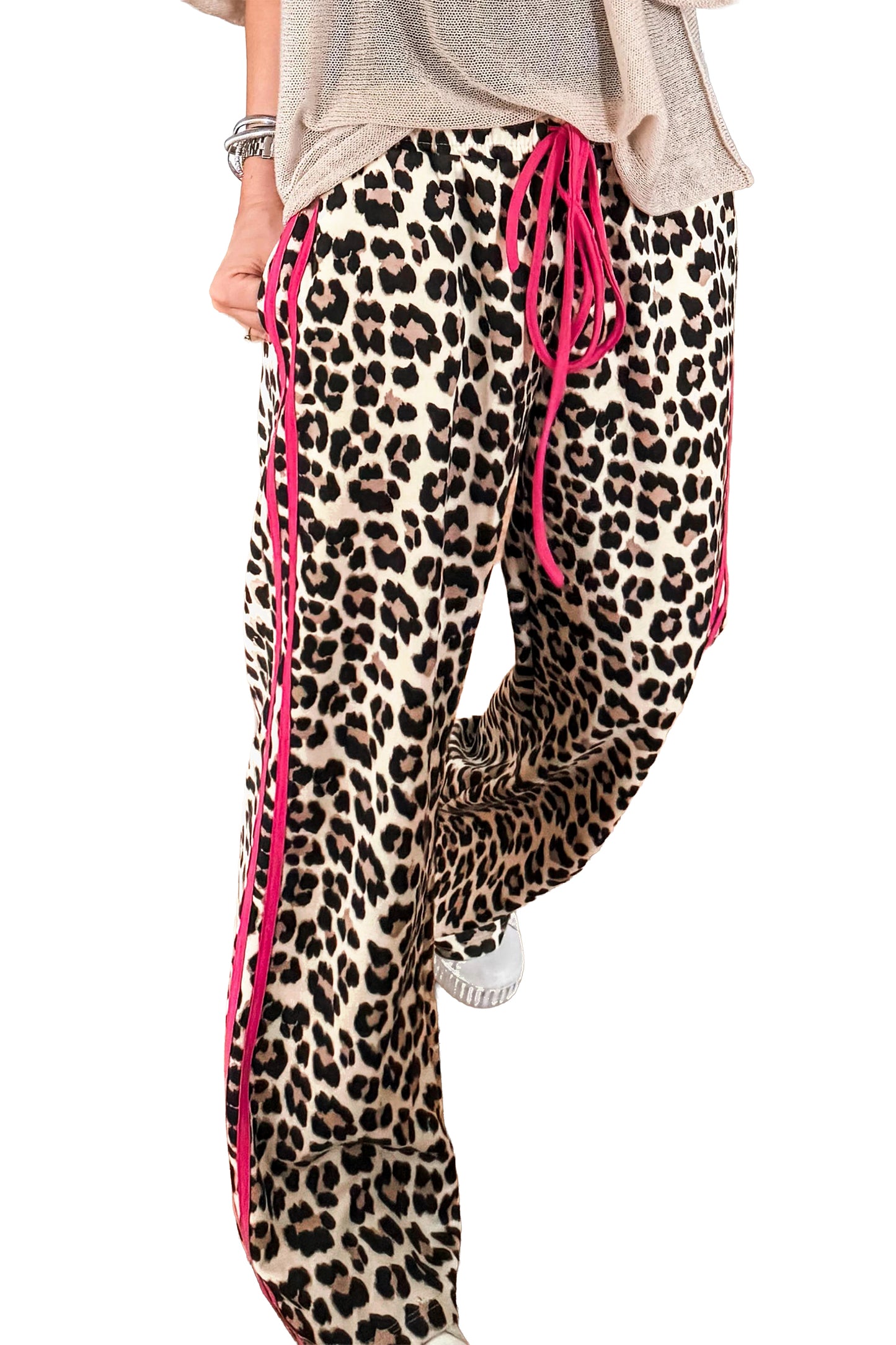 Rose Contrast Detail Tie Waist Leopard Print Casual Pants