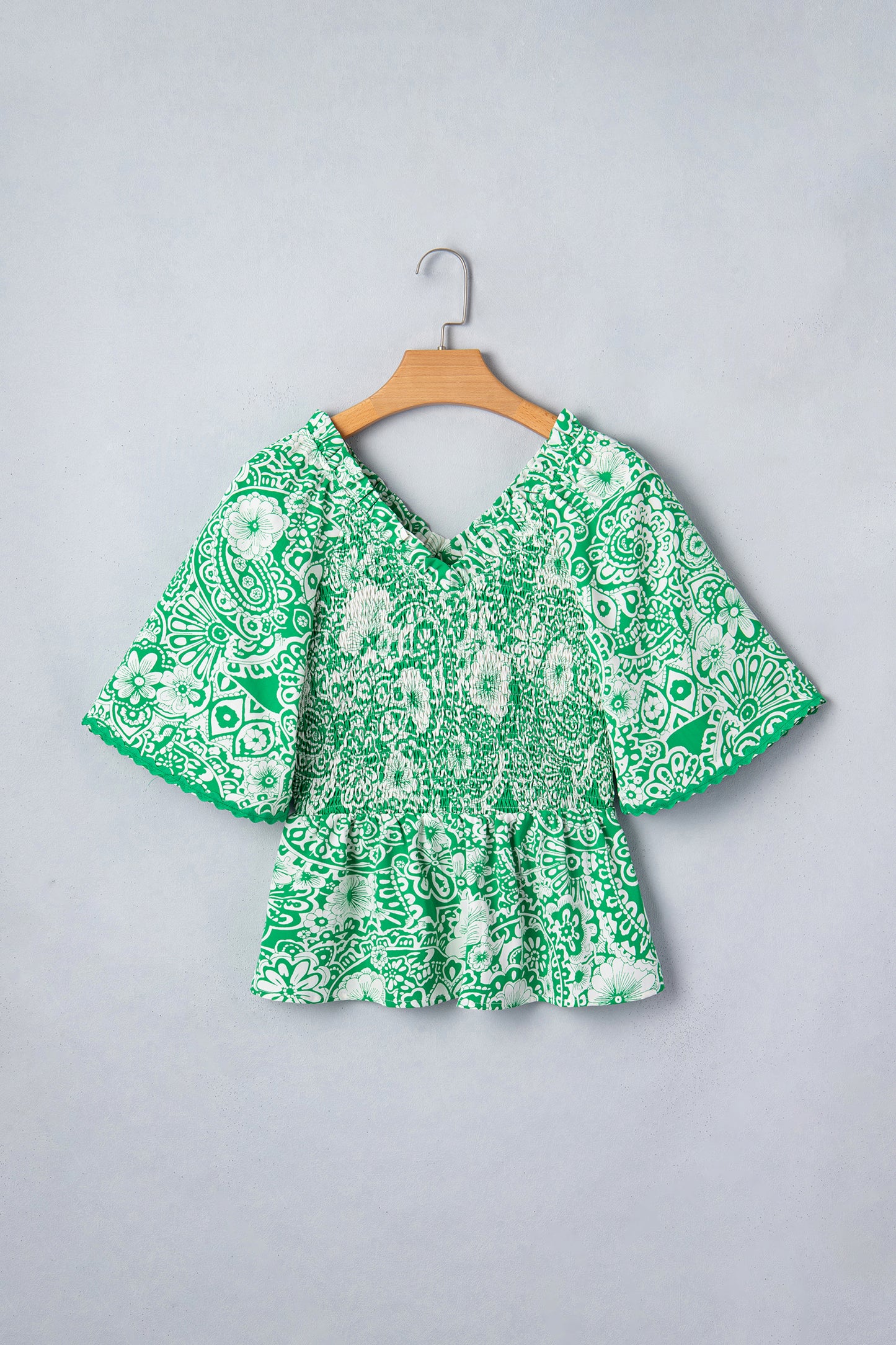 Green Flirty Floral Smocked V Neck Blouse