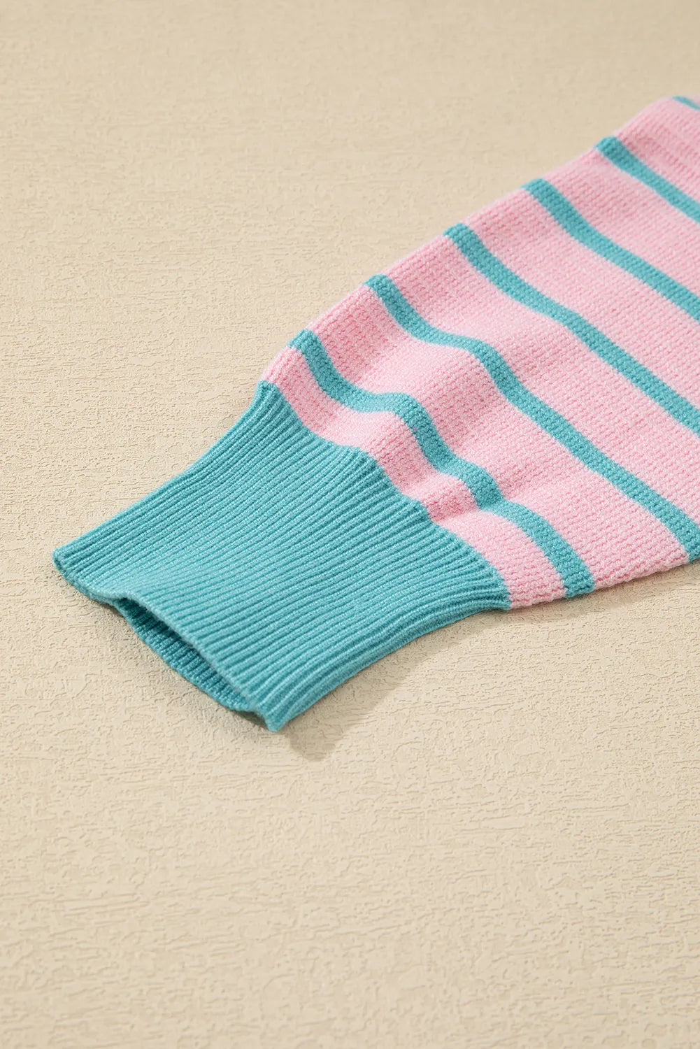 Pink Stripe Trimmed Round Neck Drop Shoulder Loose Sweater - Chic Meadow Boutique