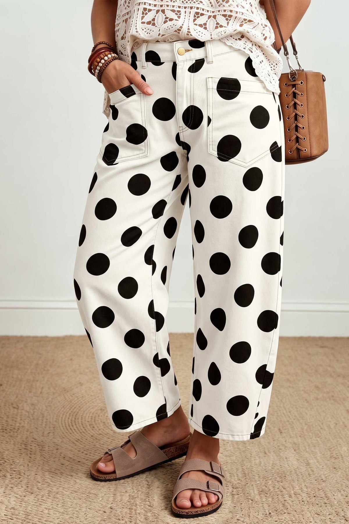 White Polka Dot Ankle-Length Barrel Jeans