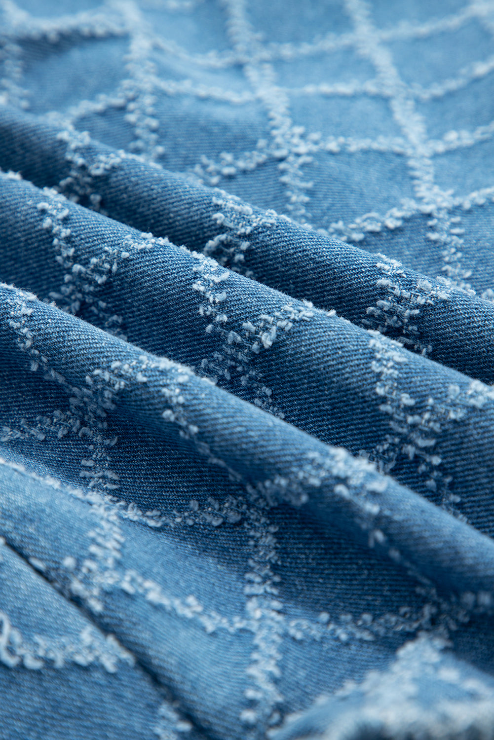 Dusk Blue Checkered Textured Short Sleeve Patched Pocket Denim Shirt