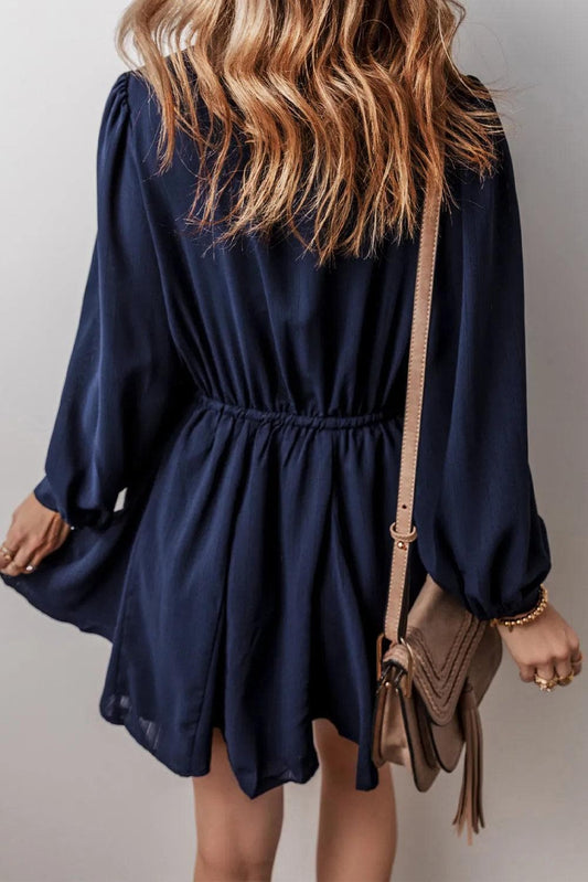 Dresses/Mini Dresses Navy Blue Solid Chest Pockets Tunic Shirt Mini Dress