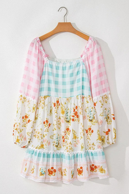 Dresses/Floral Dresses Pink Ric Rac Plaid Floral Print Patchwork Bubble Sleeve Dress