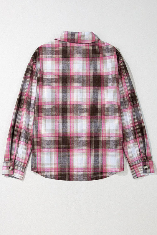 Outerwear/Plaid Shackets Pink Plaid Flap Pocket Button Up Shacket