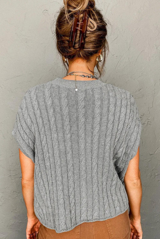 Tops/Short Sleeve Sweaters Gray Crew Neck Cable Knit Short Sleeve Sweater