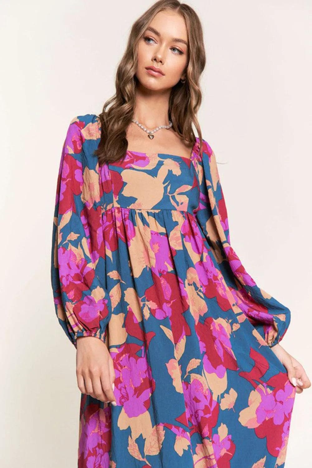 Dresses/Floral Dresses Multicolour Floral Print Square Neck Ruffled High Waist Dress