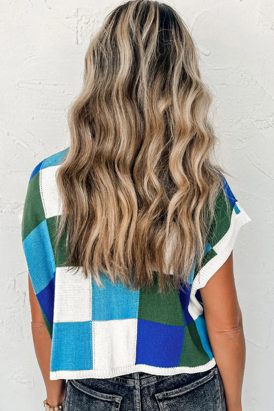 Dark Blue Color Block Cap Sleeve Sweater Tops - Chic Meadow Boutique