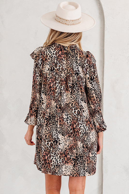 Brown Leopard Ruffled Detail Long Sleeve Loose Mini Dress