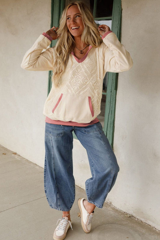 White Contrast Trim Crochet Knit Patchwork Exposed Seam Hoodie