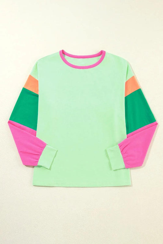 Tops/Long Sleeve Tops Green Colorblock Patchwork Long Sleeve Loose Top
