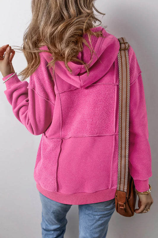 Pitaya Pink Mineral Wash Terry Patchwork Drawstring Hoodie - Chic Meadow Boutique