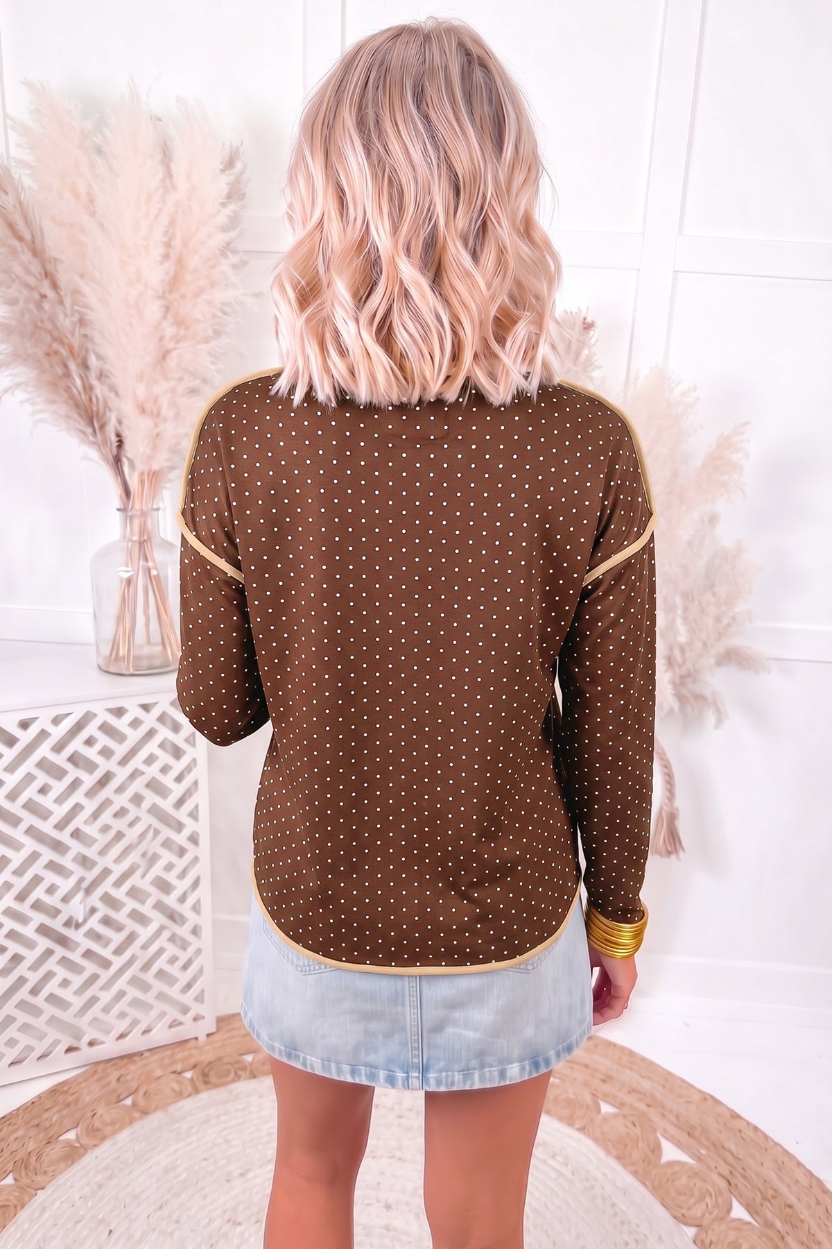 Brown Contrast Trim Long Sleeve Polka Dot Shift Pullover Top