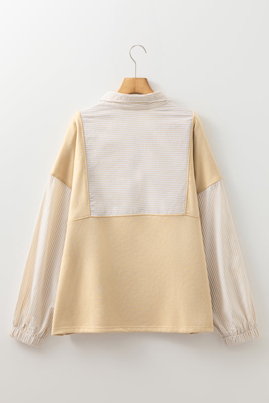 Khaki Stripe Mix Half Zip French Terry Plus Size Sweatshirt