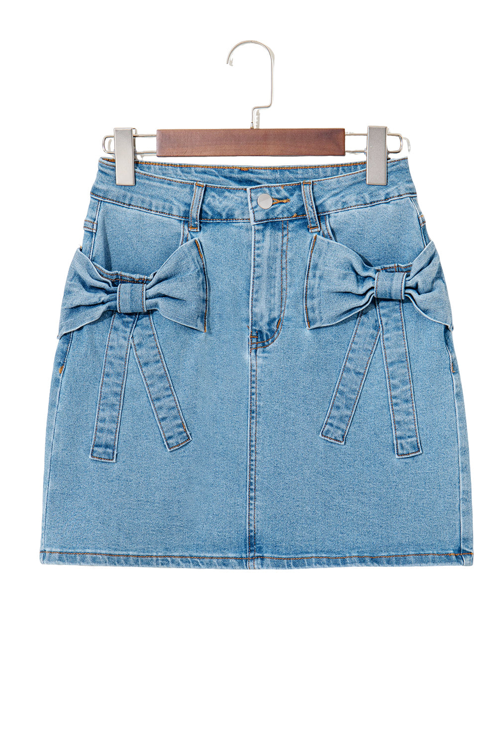Dusk Blue Acid Wash Bowknot Details High Waist Denim Skirt