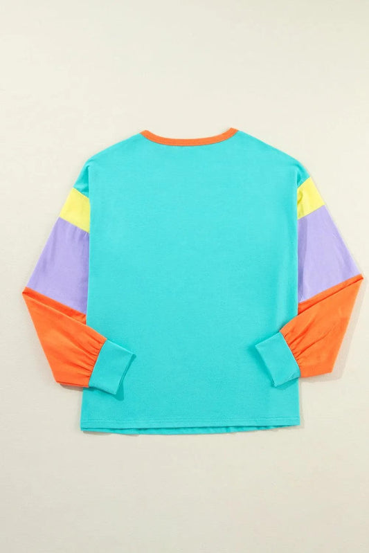 Tops/Long Sleeve Tops Light Blue Colorblock Patchwork Long Sleeve Loose Top
