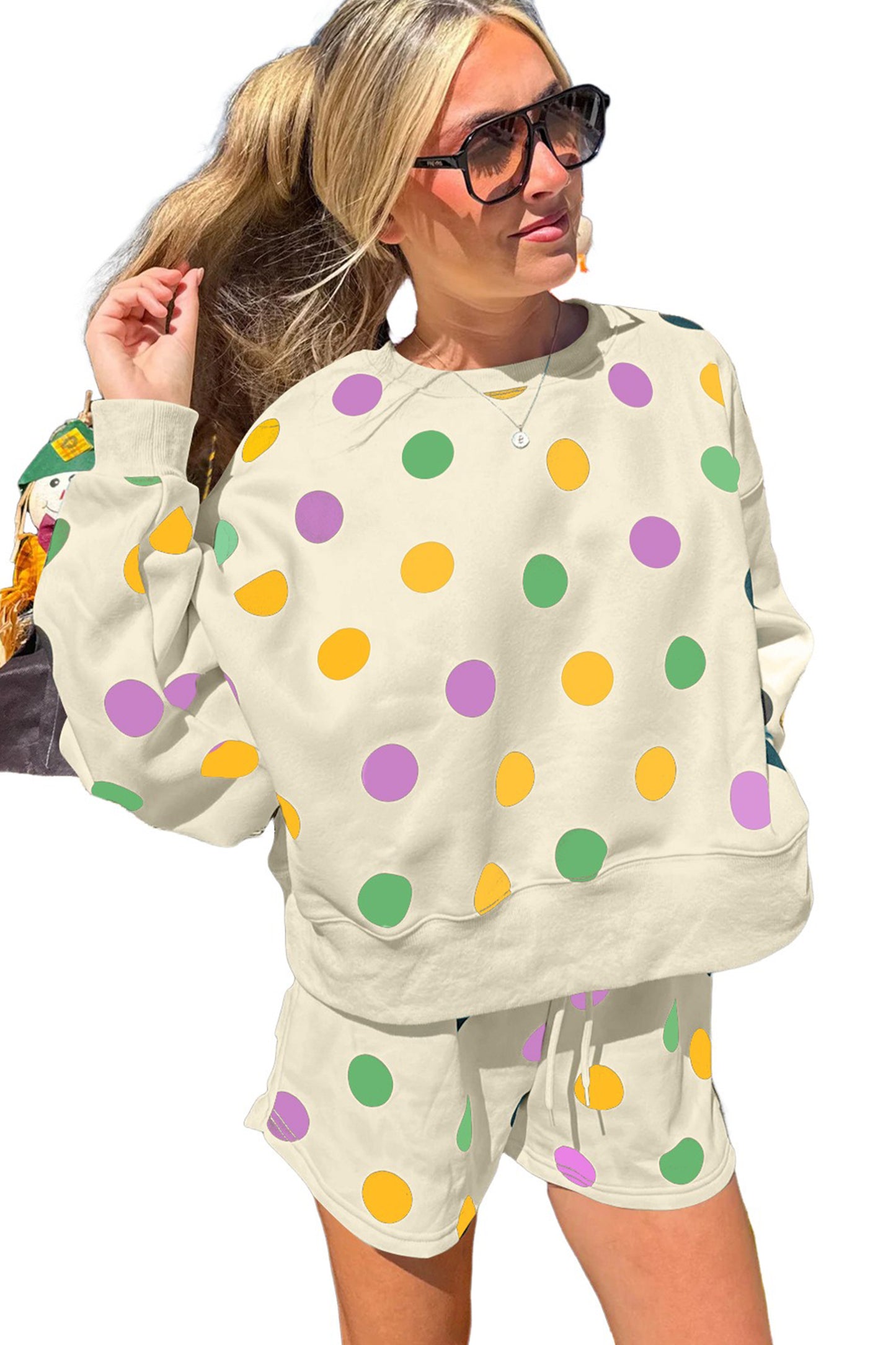 Multicolour Polka Dot Print Drop Shoulder Pullover Drawstring Shorts Set