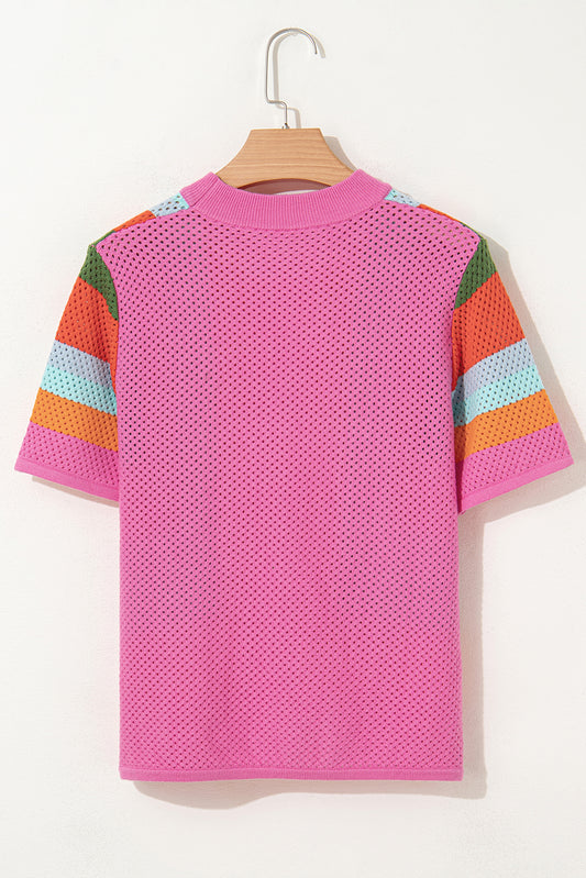 Orange Color Block Eyelet Casual Sweater T Shirt