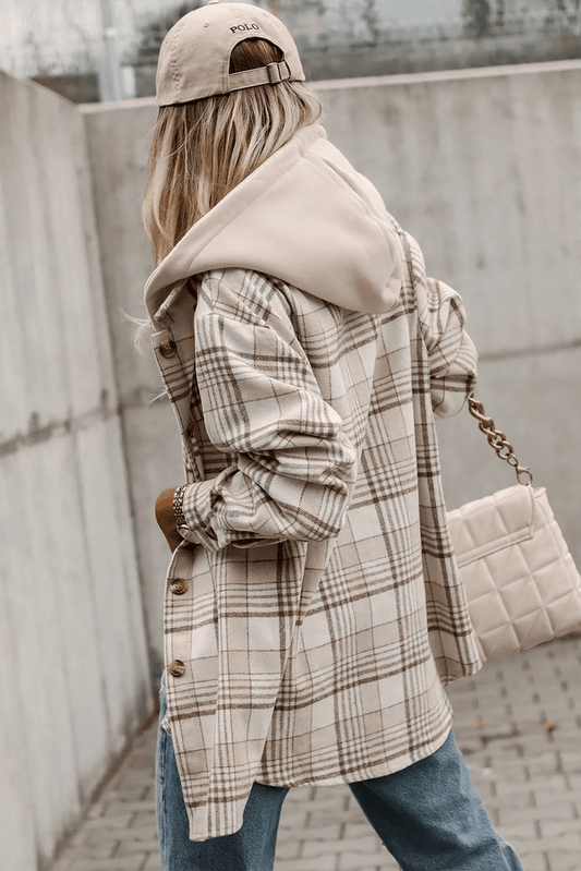 Outerwear/Jackets Khaki Plaid Removable Hood Buttoned Shacket