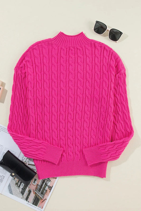 Rose Red Solid Cable Knit High Neck Drop Shoulder Sweater - Chic Meadow Boutique