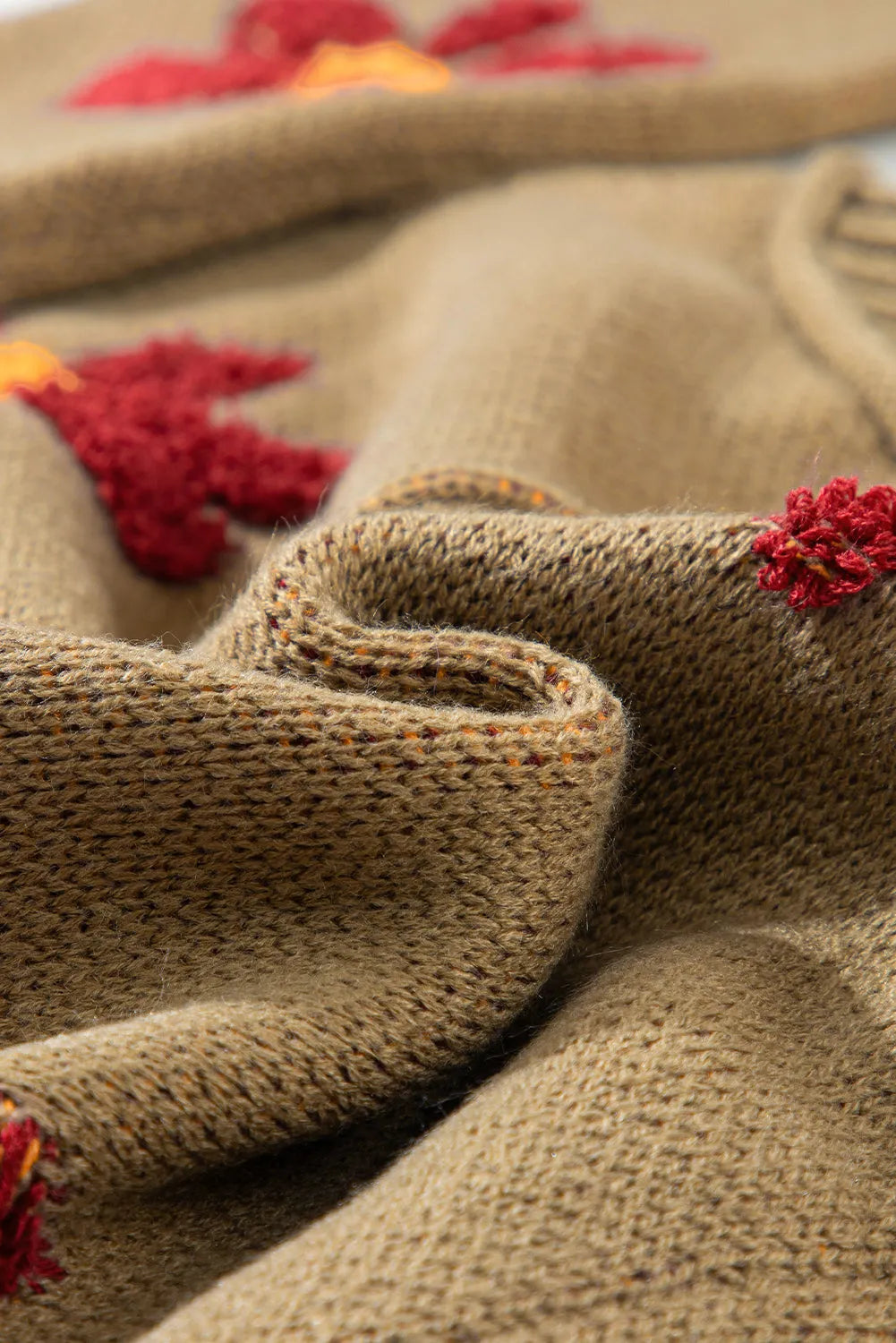 Sage Green Flower Knit Ribbed Trim V Neck Sweater - Chic Meadow Boutique