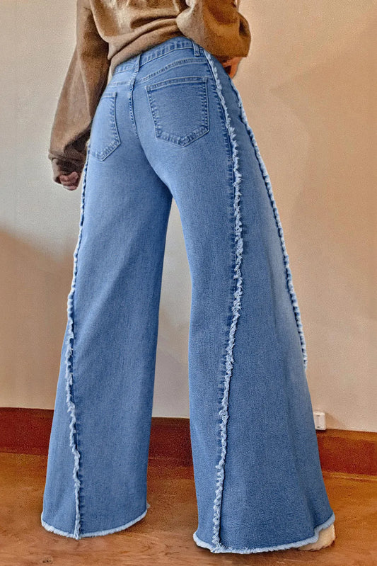 Beau Blue Vintage Stitching Raw Hem Flared Jeans - Chic Meadow Boutique