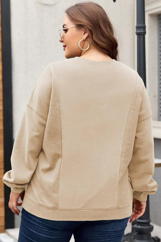 Plus Size/Plus Size Sweatshirts & Hoodies Apricot Loose Patchwork Crewneck Plus Size Sweatshirt