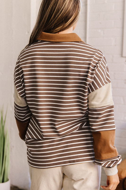 Brown Stripe Collar V Neck Color Block Detail Long Sleeve Pullover Top